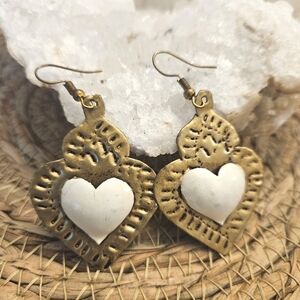 Vintage Handmade Hook Dangle Earrings Metal Big Heart Enamel Artsy